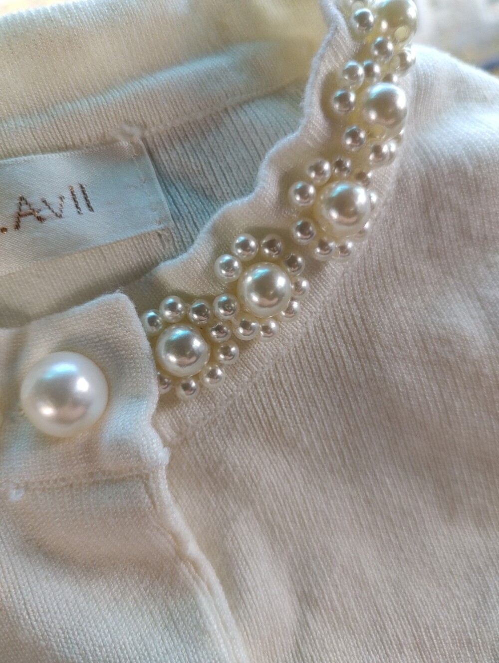 🎀🌹🎀 Dazzling Elaborate Faux Pearl Chantilly Cream Ivory Sweater Cardigan - M - Picture 10 of 16